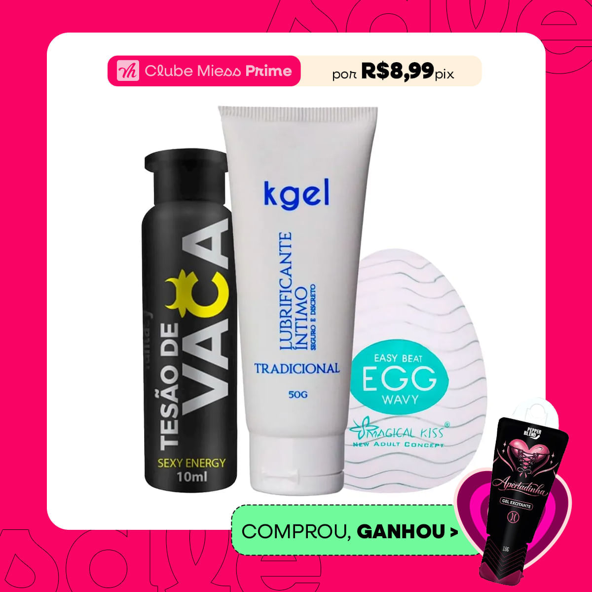 Kit com Tesão de Vaca Afrodisíaco KGEL Lubrificante e Egg Wavy Masturbador