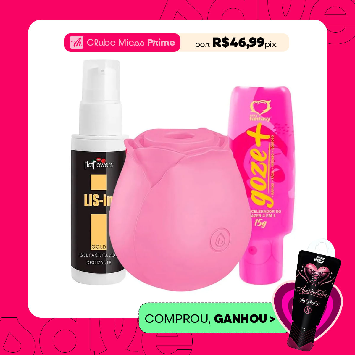 Kit com Goze + Estimulador de Clitóris em Formato de Rosa e LIS-In