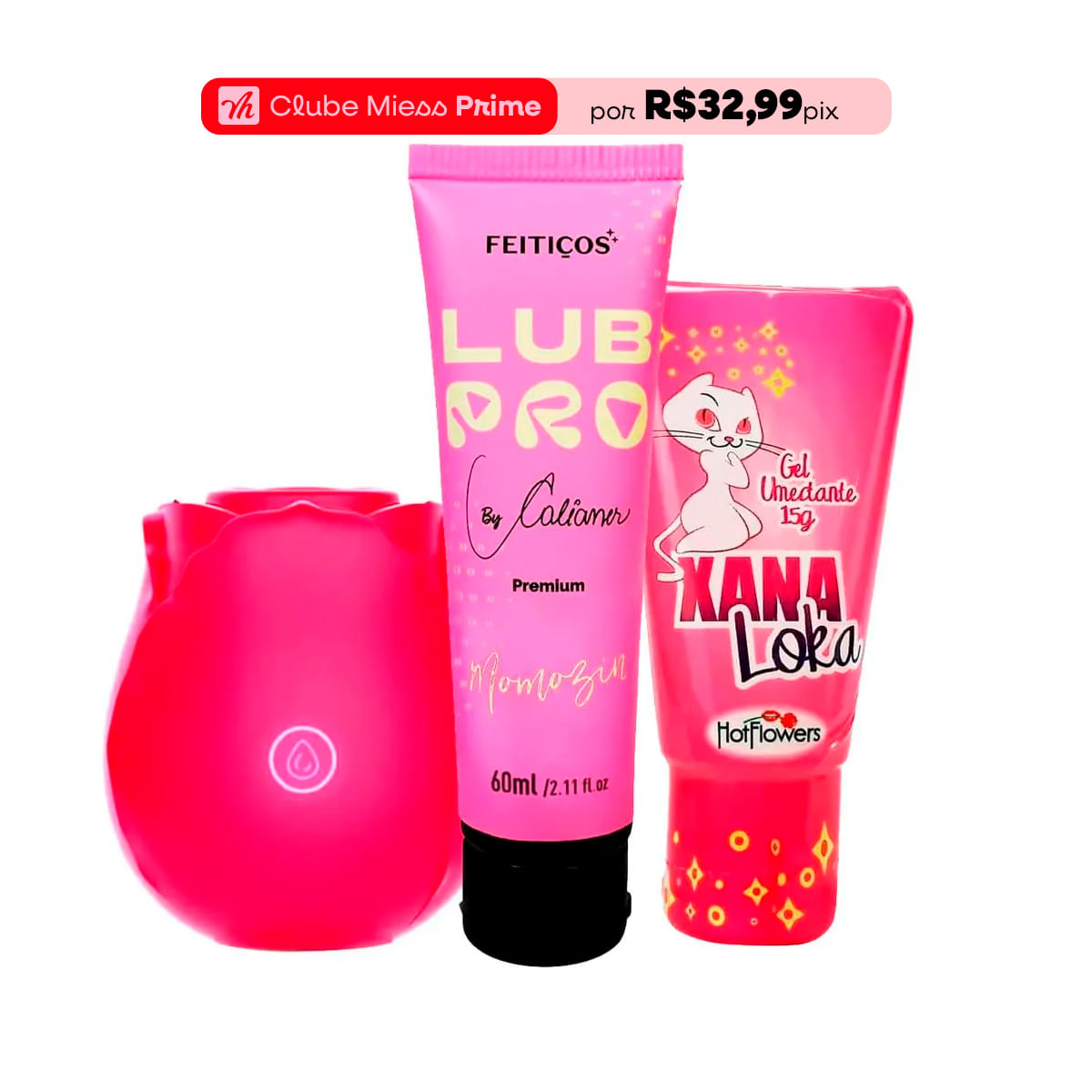 Kit com Lubrificante LubPro Momozin Estimulador de Clitóris em Formato de Rosa e Xana Loka