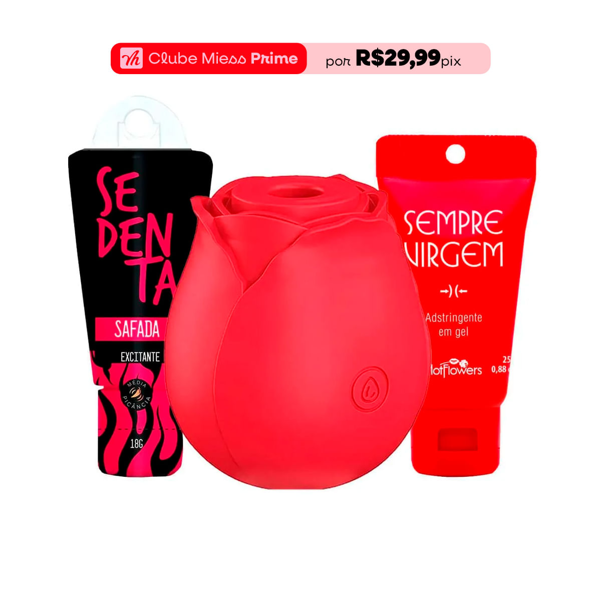Kit com Rosa Estimuladora de Clitóris Excitante Sedenta Safada e Gel Adstringente Sempre Virgem