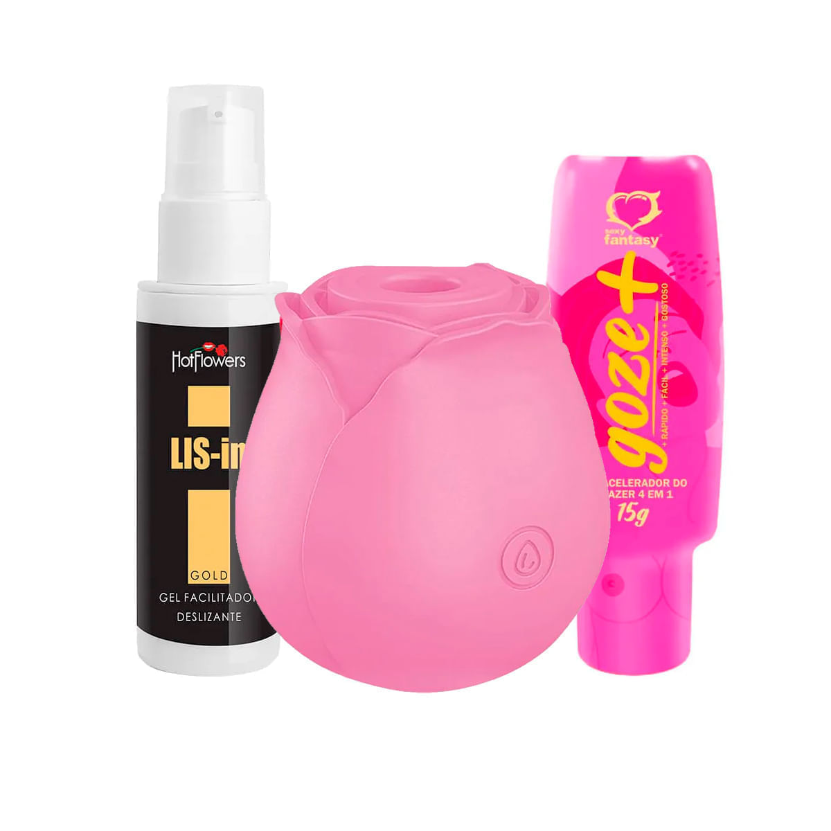 Kit com Goze + Estimulador de Clitóris em Formato de Rosa e LIS-In