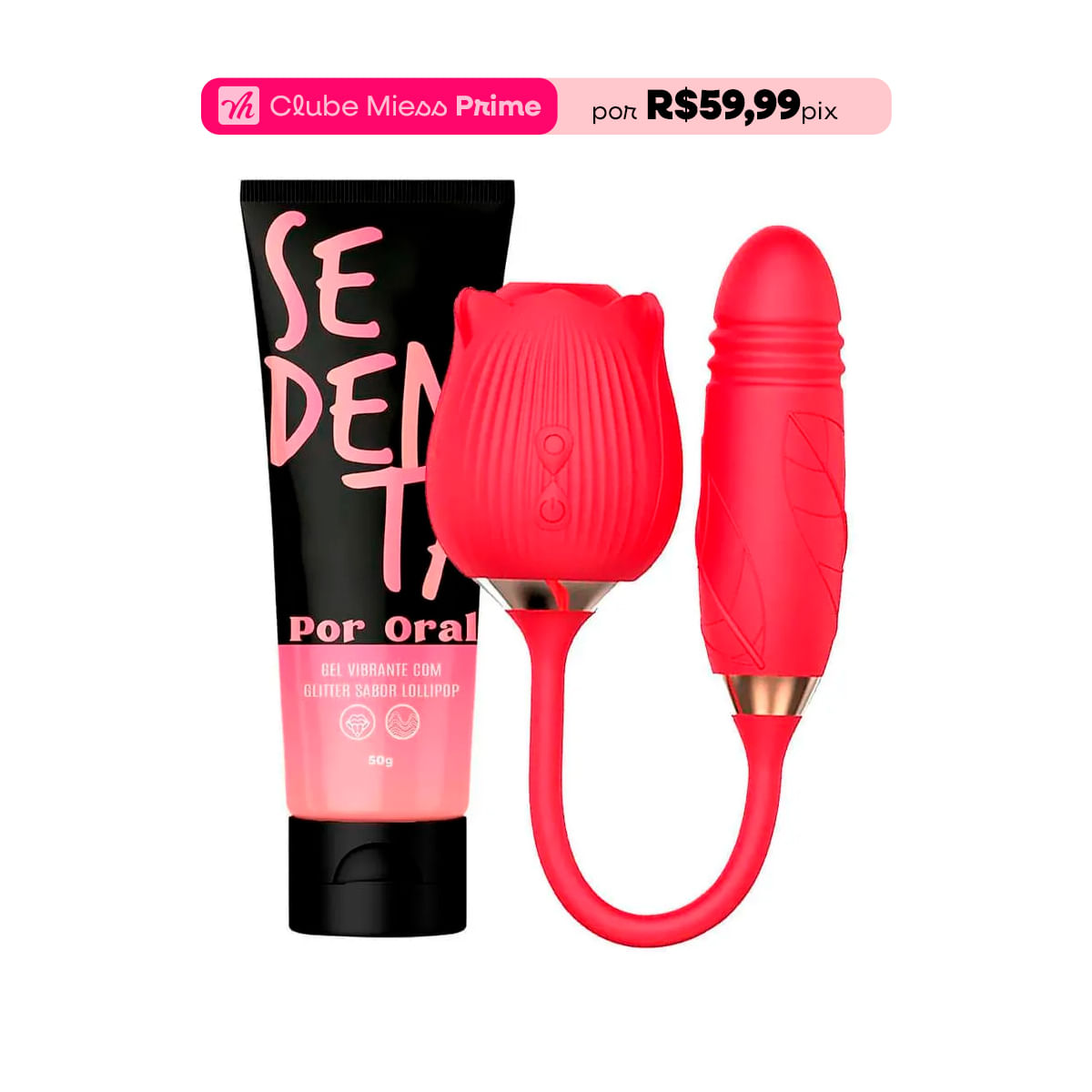 Kit com Vibrador Formato de Rosa e Sedenta Por Oral Gel Comestível