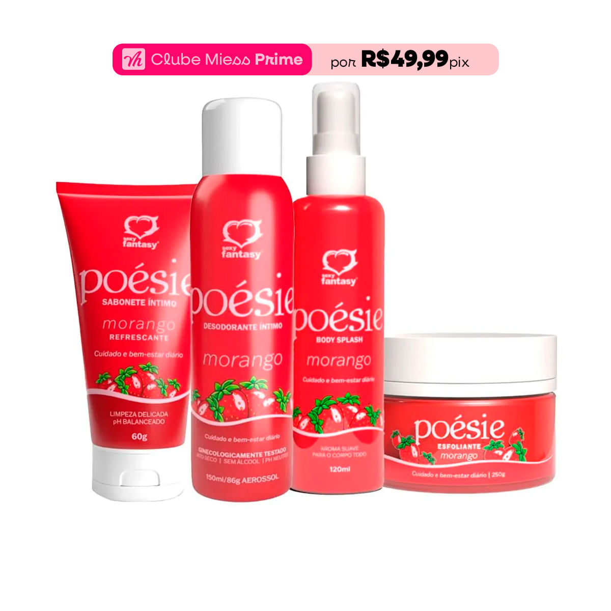 Kit com Body Splash Sabonete Esfoliante Corporal e Desodorante Morango Linha Poésie