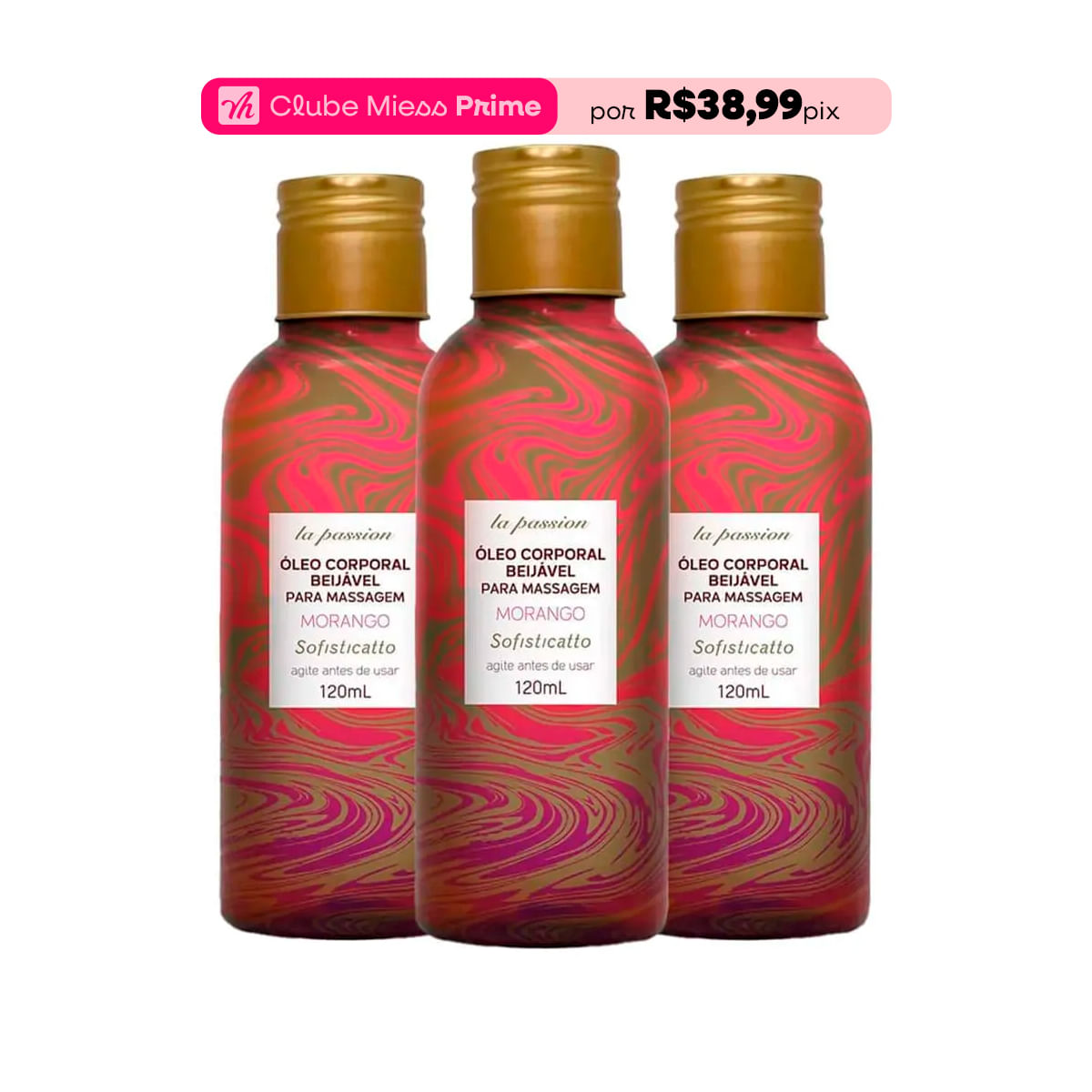 Kit com 3 Óleo Corporal Beijável Para Massagem Morango