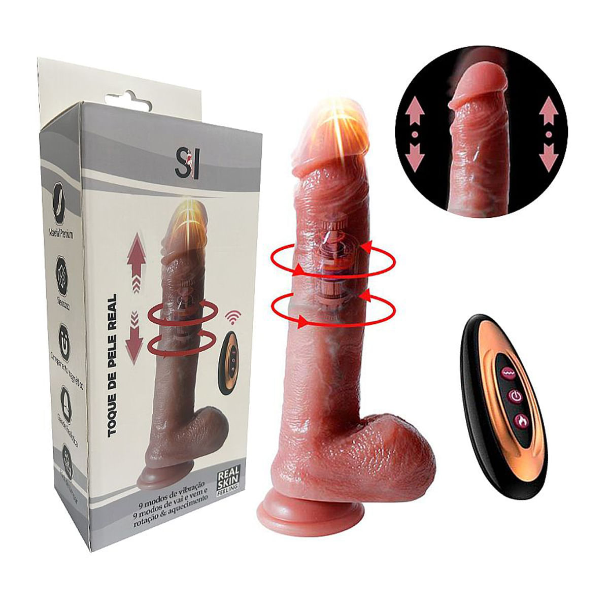 Pênis Realístico em Silicone Líquido com 9 Modos de Vibração Vai e Vem Aquecimento Controle Remoto e Ventosa Sexy Import