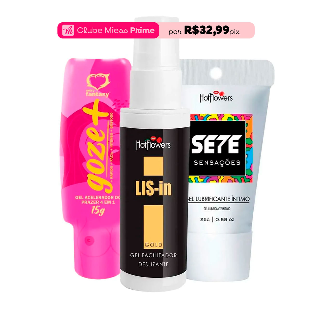 Kit com Acelerador Goze + Lubrificante Sete Sensações e Dessensibilizante Anal Lis-In