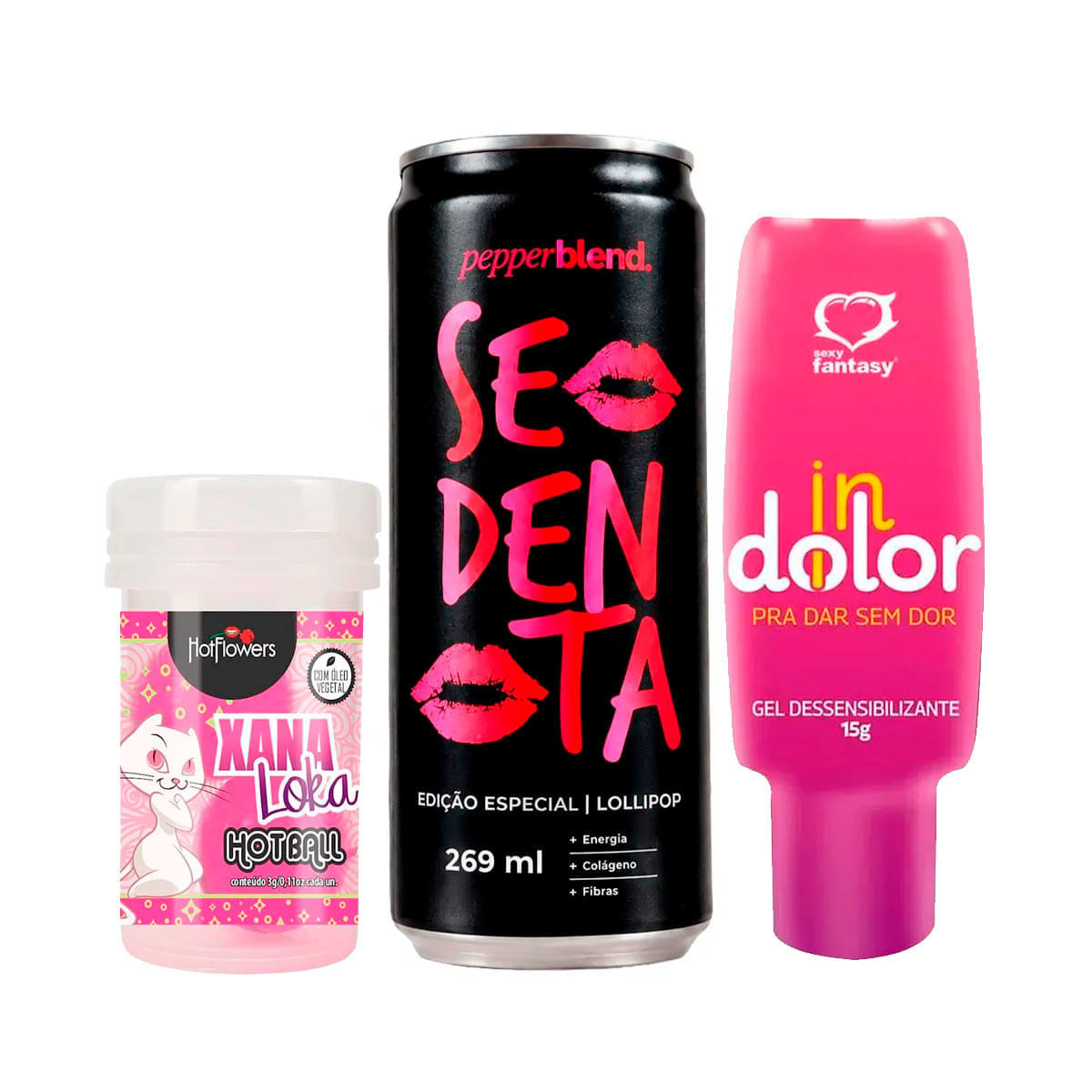 Kit com Sedenta Lollipop Energético Hot Ball Xana Loka e InDolor