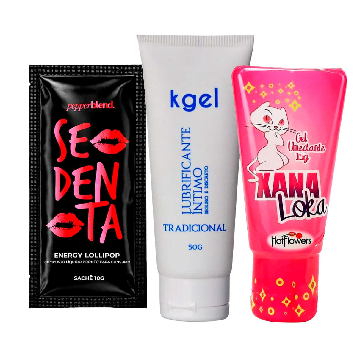 Kit com Sedenta Lollipop Sachê KGEL Lubrificante e Xana Loka