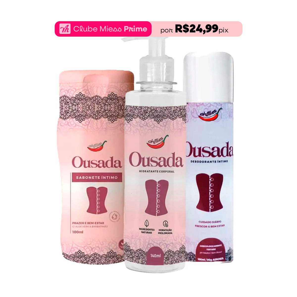 Kit com Ousada Sabonete Íntimo Ousada Hidratante Corporal e Ousada Desodorante Íntimo