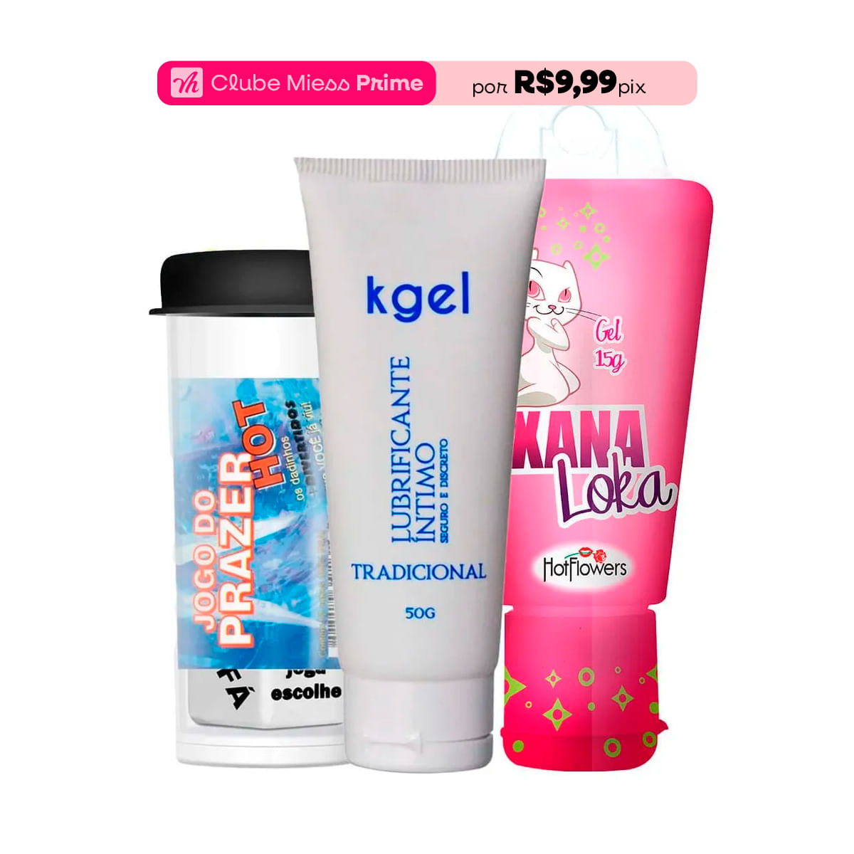 Kit com KGEL Lubrificante Xana Loka Excitante e Dados Eróticos Jogo do Prazer