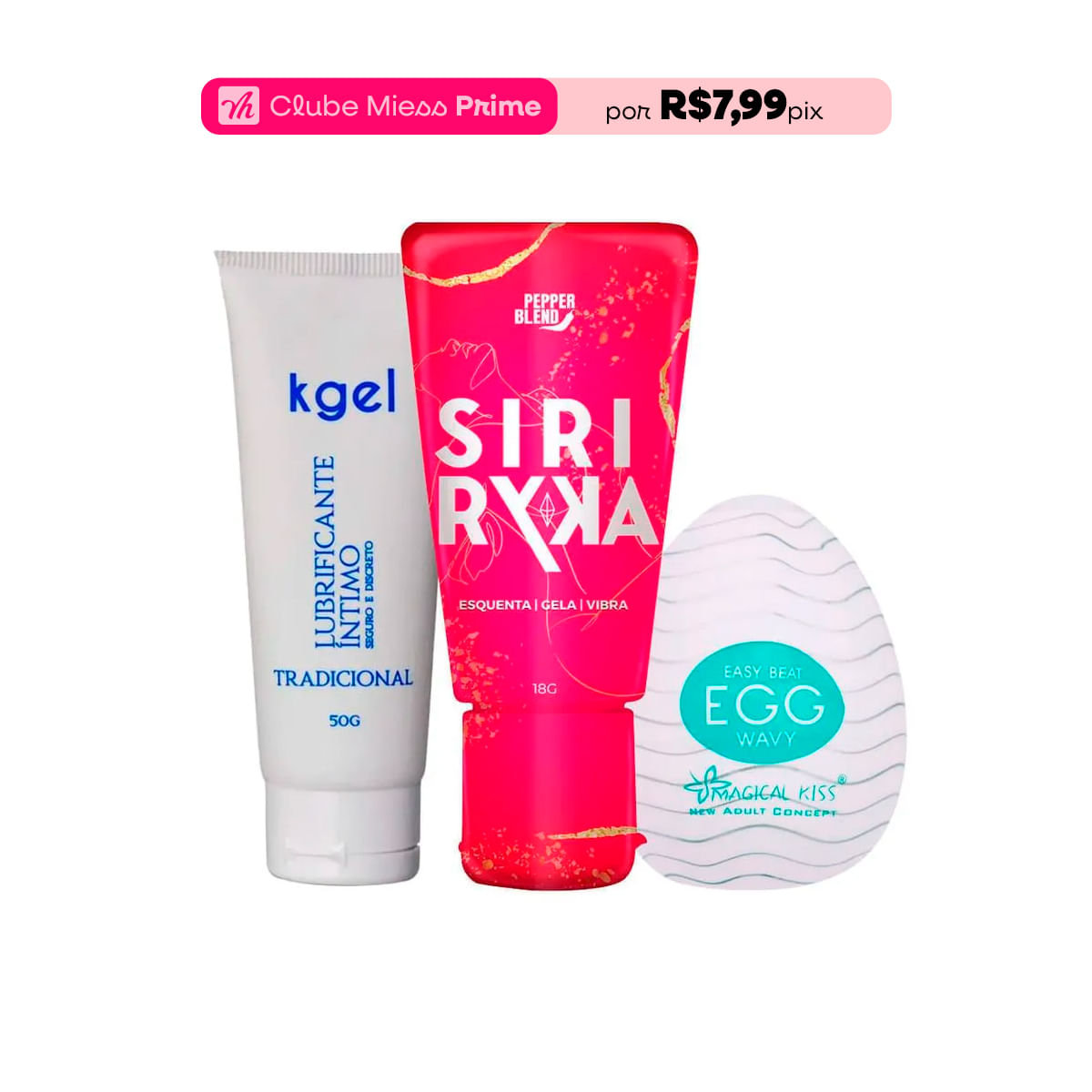 Kit com Siri Ryka Excitante KGEL Lubrificante e Egg Wavy Masturbador