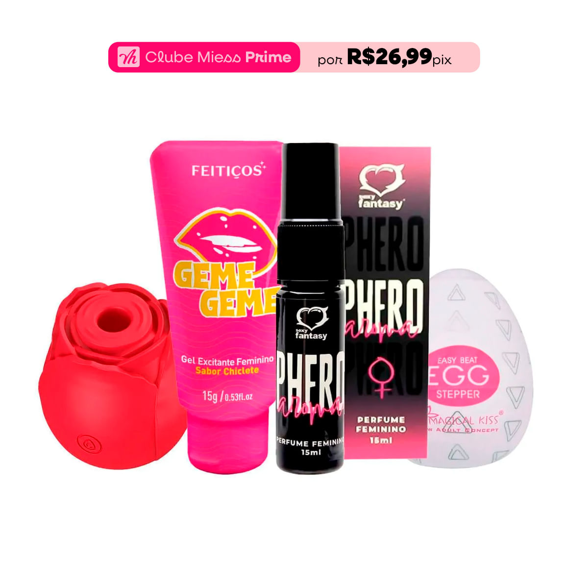 Kit com Geme Geme Excitante Rosa Estimuladora Egg Stepper Masturbador e Perfume Phero Feminino