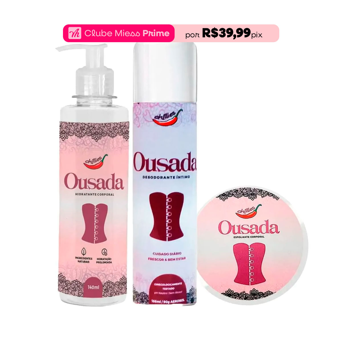 Kit com Hidratante Corporal Ousada Desodorante Íntimo em Aerosol Ousada e Esfoliante Corporal Ousada