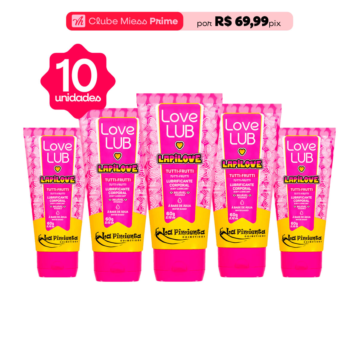 Kit com 10 Love Lub LapiLove Lubrificante Corporal Beijável de Tutti Frutti