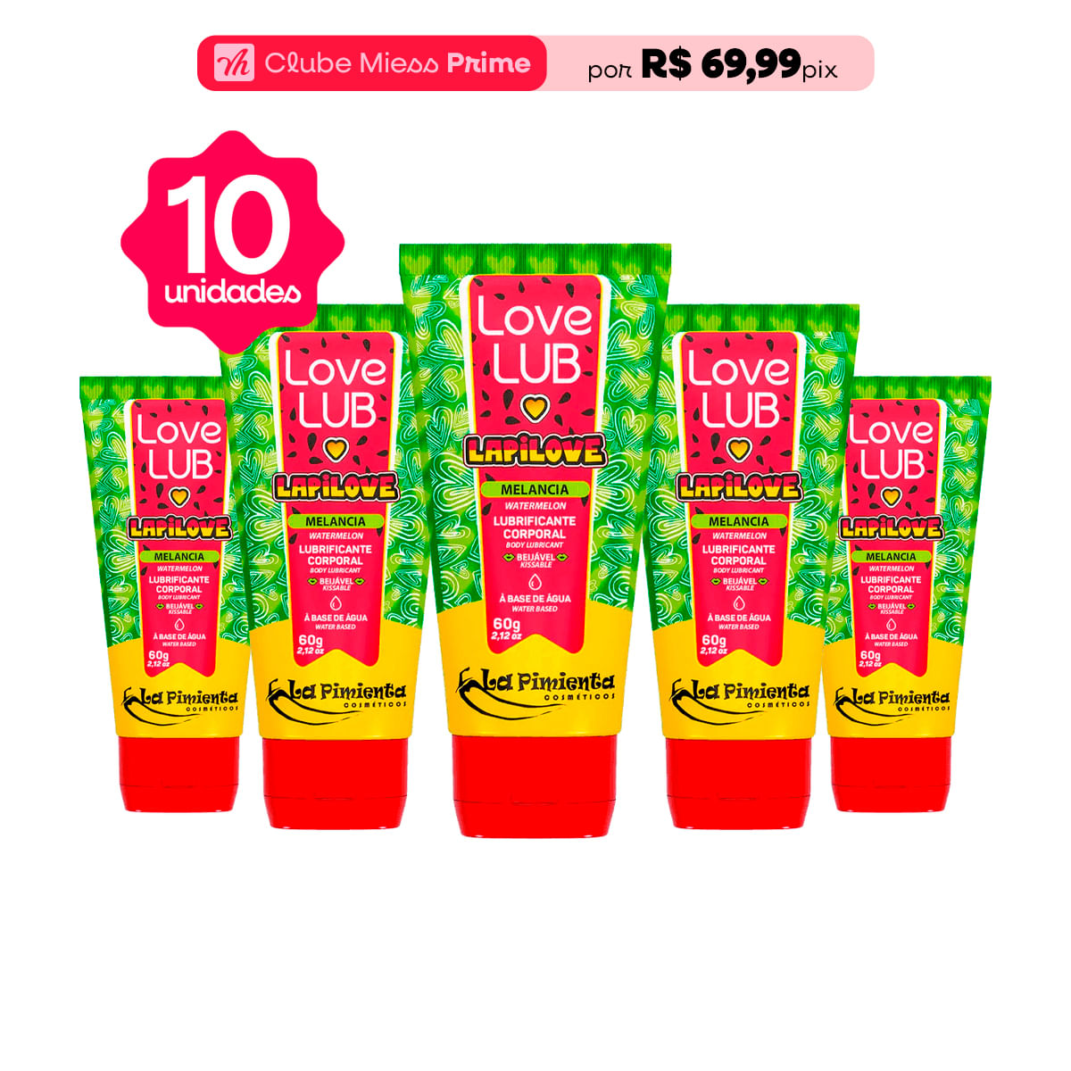 Kit com 10 Love Lub LapiLove Lubrificante Corporal Beijável de Melancia