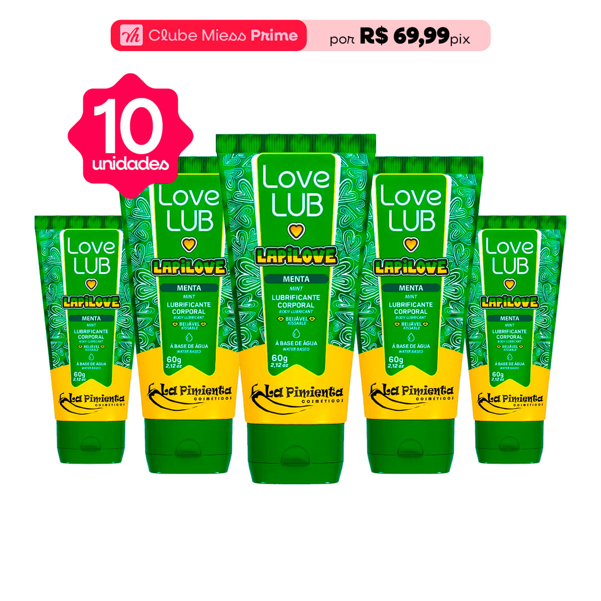 Kit com 10 Love Lub LapiLove Lubrificante Corporal Beijável de Menta